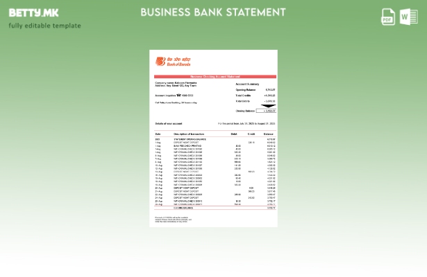 модерен стил на Bob Bank of Boroda цврста сметка за шаблон Word и PDF